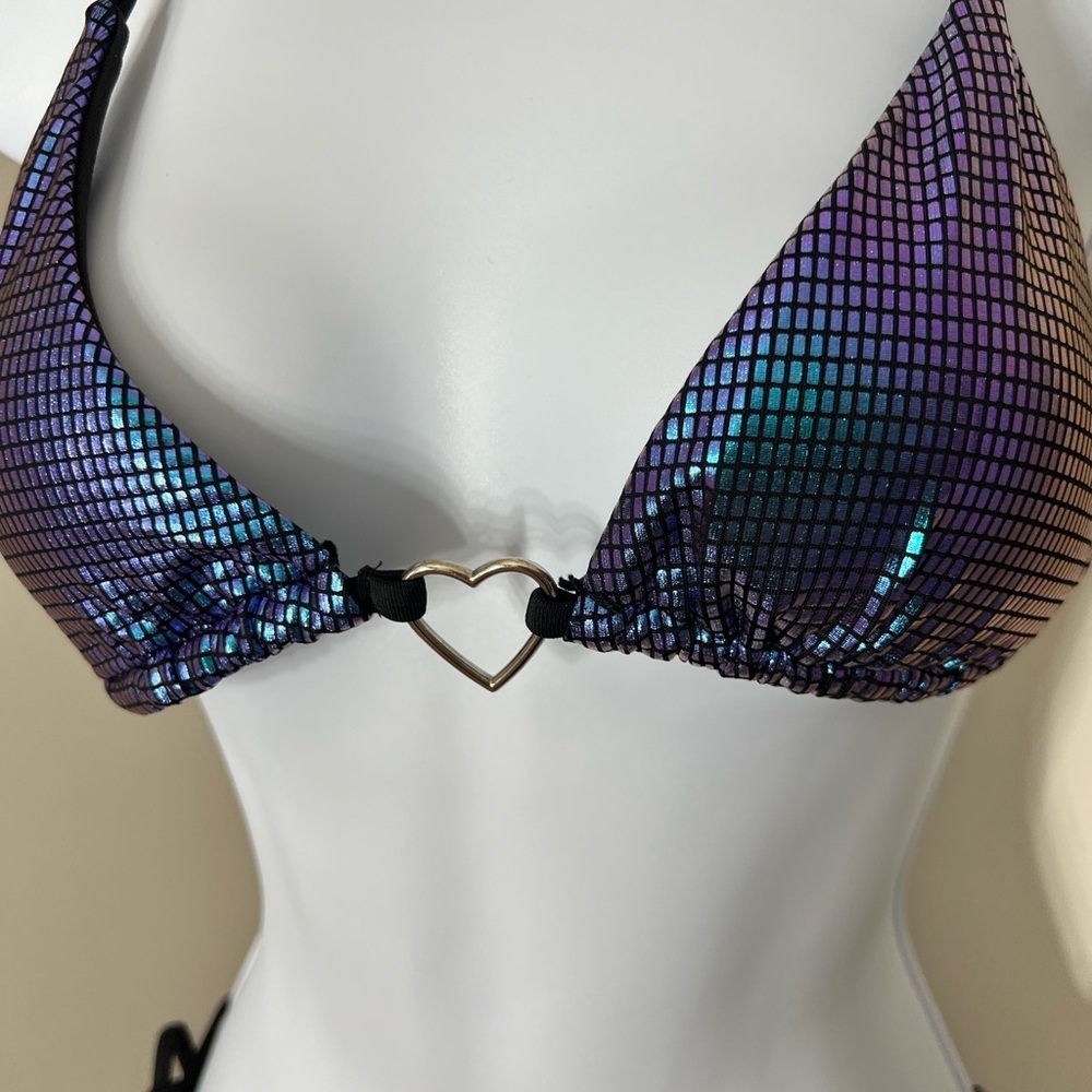3pc Holographic Triangle Halter Tie Side Bikini Set with Sarong Cover Up - Picture 7 of 11